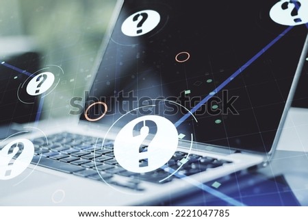 Creative concept of question mark illustration on modern laptop background. FAQ and search concept. Multiexposure