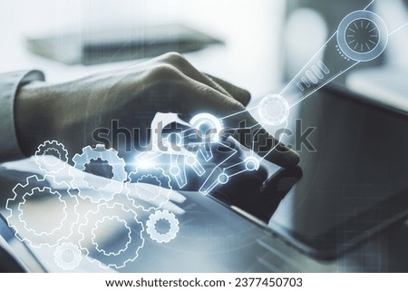 Creative concept of robotics technology and finger clicks on a digital tablet on background. Robot development and automation concept. Multiexposure
