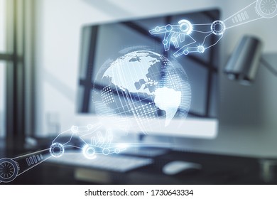 Creative concept of robotics technology with globe sketch on modern laptop background. Robot development and automation concept. Multiexposure