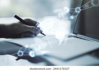 Creative concept of robotics technology with globe sketch and hand writing in notebook on background with laptop. Robot development and automation concept. Multiexposure