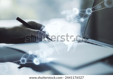 Creative concept of robotics technology with globe sketch and hand writing in notebook on background with laptop. Robot development and automation concept. Multiexposure