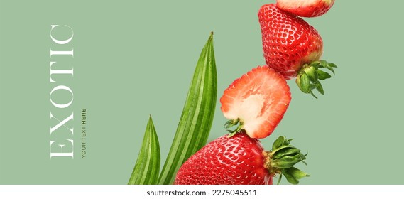 Creative concept of strawberry on the green background.  Exotic fruits and leaves. Food concept. - Shutterstock ID 2275045511