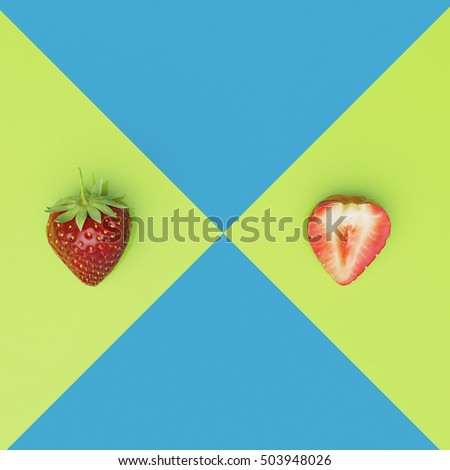 Creative Concept  , Two Different Strawberry on green cross blue pastel background, top view.