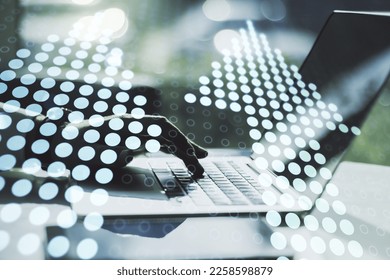 Creative concept of upward arrows illustration and hands typing on laptop on background. Breakthrough and progress concept. Multiexposure - Shutterstock ID 2258598879