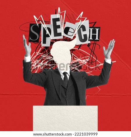 Creative conceptual design. Faceless man, politician making speech on tribune, spreading lie to society. Blind following. Concept of politics, social issues, human rights, propaganda, voting system