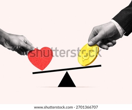 Creative conceptual image showing red heart and gold coin balanced on seesaw. 