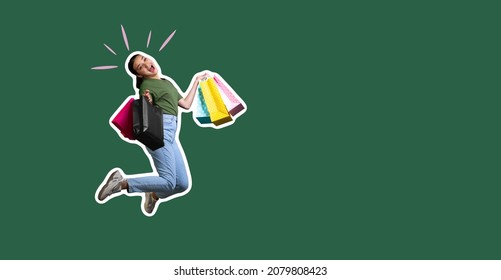 Creative, Contemporary Artwork Of Cheerful Young Woman Jumping With Shopping Bags Isolated Over Green Background. Sales. Magazine Style. Youth Culture. Concept Of Art, Creativity. Copy Space For Ad