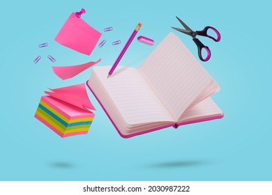 Creative coposition with sicky notes, notebook, pencil, eraser and scissors floating in the air. Levitating school supplies.Minimal, conceptual art. Suitable for advertising, marketing, ads