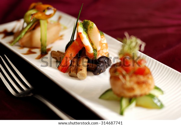 Creative Cuisine Appetizer Shrimp Seafood. Shrimp\
appetizers during a\
party.