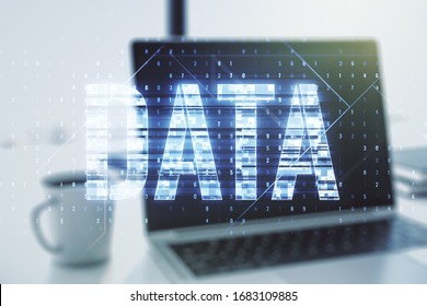Creative Data word sign on modern laptop background. Multiexposure