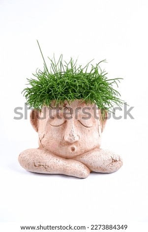 Creative decoration of a stone pot on the head with succulents on a white background. Flower pots in the form of a sleeping person. Flower shop concept,clay pot making, greenhouse, garden decoration