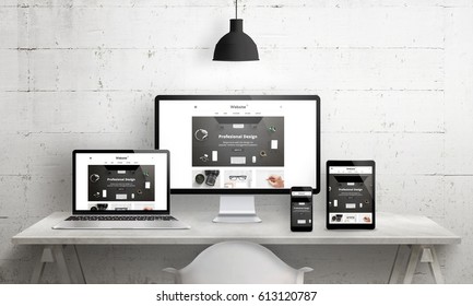 Creative deks scene for web design agency promotion. Modern, clean responsive web site promotion on different devices. Designer studio desk front view.