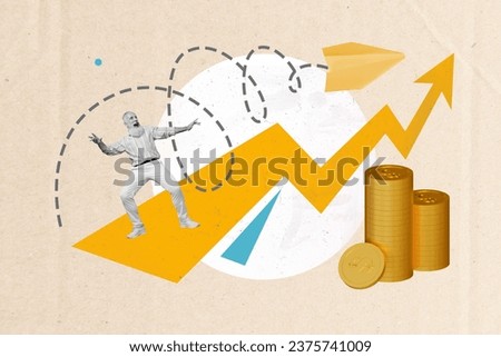 Creative design collage of surfing graphic experienced mature age man growth his monthly profit in crypto isolated over beige background