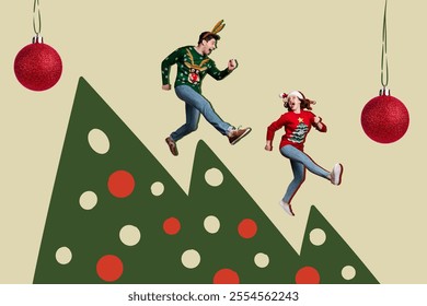Creative design composite artwork collage of Xmas spirit holiday season tree eve decoration ball couple young lady man flt winter look