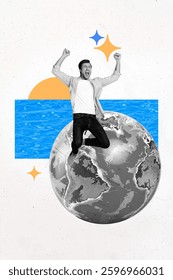Creative design composite artwork collage of young man excited jump smile planet agency destination trip voyage global vacation tourist