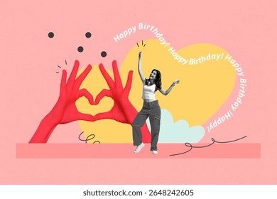 Creative design composite artwork collage of hand gesture finger heart sign gesture body language young lady dance headphones playlist