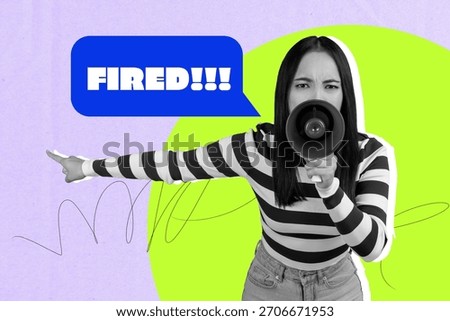 Creative design composite collage of fired jobless conflict employment failure young woman stand hold megaphone talk finge rpoint message.