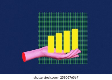 Creative design composite trend artwork collage of human hand hold graphics trader target business income budget visual space development