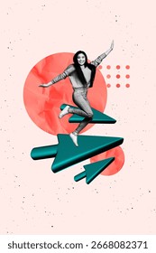 Creative design composite trend artwork collage of analyzing graphics trader target business arrow point young woman smile sit fly way.