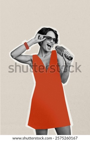 Creative design composite trend artwork collage of vintage party silhouette young lady dance hold microphone sing song performer hobby