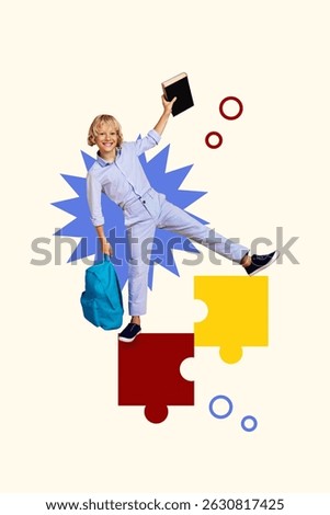 Creative design composite trend artwork collage of classroom education learn fall study young school age boy stand puzzle piece hold book