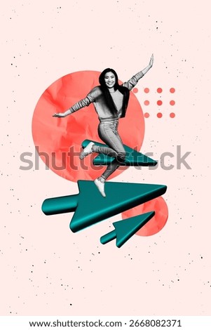 Creative design composite trend artwork collage of analyzing graphics trader target business arrow point young woman smile sit fly way.