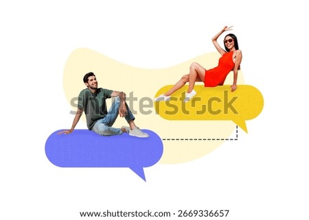 Creative design composite trend artwork collage of couple. young man lady chat sit message tag note message comment bubble app date