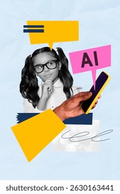 Creative design composite trend collage of hand hold smartphone remote ai classroom education learn fall study chatting young girl think