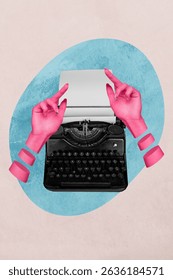 Creative design composite trend collage of two hands hold sheet document type typewriter machine story book novel author correspondent