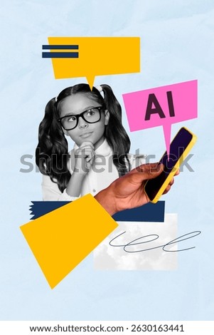 Creative design composite trend collage of hand hold smartphone remote ai classroom education learn fall study chatting young girl think
