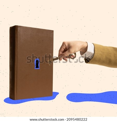 Creative design. Contempoary art collage of male hand opening with golden key a book. Discovering new business horizons. Concept of secret, information, design, corporate growth, motivation and ad