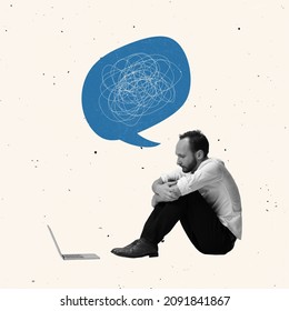 Creative design, contemporary art collage of sad, unhappy looking man sitting in front of laptop with thoughts bubble. Concept of communication, support, mentality, feelings, psychology and ad