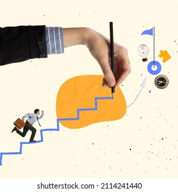 Creative Design. Contemporary Art Collage. Motivated Employee, Office Worker Mowing Upwards Stairs Drawn By Giant Hand. Assistance. Concept Of Help, Promotion, Growth, Motivation