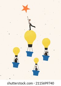 Creative design. Contemporary art collage. Employees on hot air balloons flying upwards to the star symbolizing creativity and promotion. Concept of business, ideas representation, team, motivation