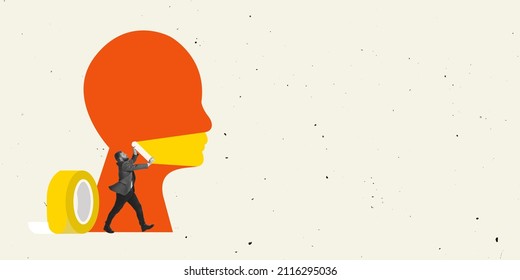 Creative design. Contemporary art collage. Businessman sealing giant's head mouth with tape symbolizing ban of opinion. No comments. Concept of business, challenge, forbiddance. Flyer design