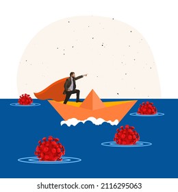 Creative Design. Contemporary Art Collage. Businessman Sailing On Paper Boat Through Virus Cells Symbolizing Overcoming Worldwide Problem. Concept Of Business, Struggles, Challenge, Solution