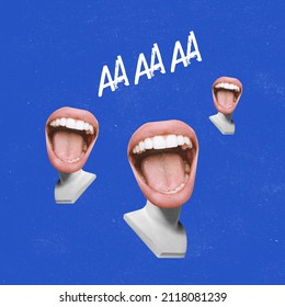 Creative design. Contemporary art collage with female mouths on antique statue bust laughing isolated over blue background. Concept of surrealism, minimalism, magazine style and ad