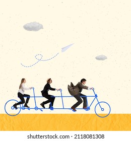 Creative Design. Contemporary Art Collage. Team, Employees Cycling Together Symbolzing Successful Teamwork, Cooperation. Moving Forward To Success. Concept Of Business, Career, Assistance, Crew