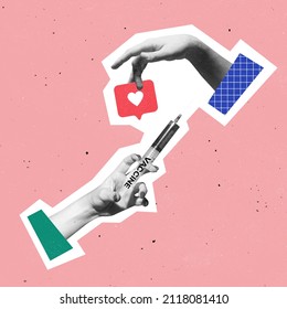 Creative design. Contemporary art collage in vintage style. Female hands with syringe and like icon symbolizing positive attitude towards vaccination. Concept of social media information, health care