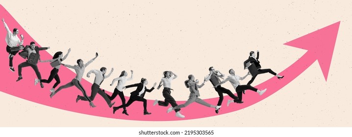 Creative design. Contemporary art collage. Motivated and concentrated employees running upwards the arrow. Professional growth and promotion. Concept of business, career development, success - Shutterstock ID 2195303565