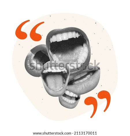 Creative design. Contemporary art collage. Many female mouths talkig, shouting symbolzing communication and quotation. Negotiations. Giving information. Concept of business, ideas, creativity