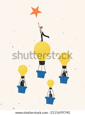Creative design. Contemporary art collage. Employees on hot air balloons flying upwards to the star symbolizing creativity and promotion. Concept of business, ideas representation, team, motivation