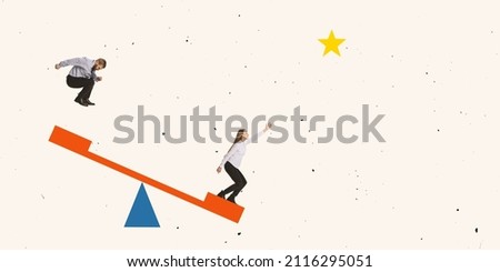 Creative design. Contemporary art collage. Businessman helping employee to reach the star of success. Jumping on springboard. Productive teamwork. Concept of business, help, assistance, team, growth Stockfoto © 