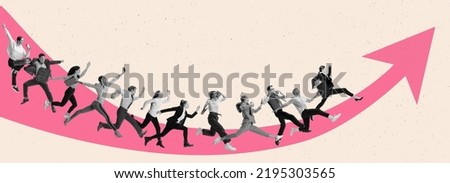 Creative design. Contemporary art collage. Motivated and concentrated employees running upwards the arrow. Professional growth and promotion. Concept of business, career development, success