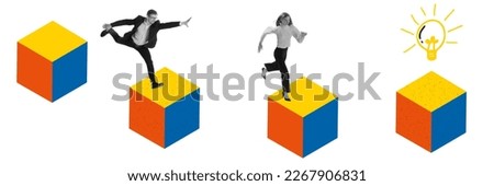 Creative design. Contemporary isometric art collage. Motivated and concentrated employees running on sales cube. Professional growth and promotion. Concept of business, career development, success, ad