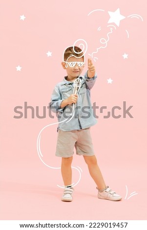 Creative design with drawn elements. Portrait of little boy, child performing song on pink background. Future famous singer. Concept of imagination, childhood, motherhood, creativity, dreams, ad