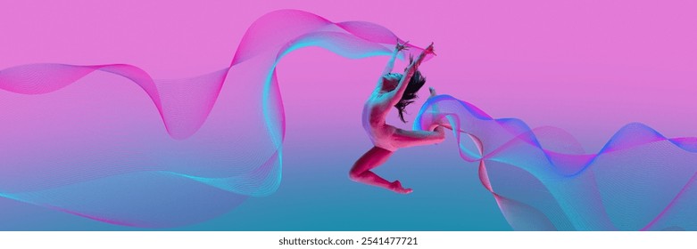 Creative design. Dynamic image of young flexible woman, ballerina performing with passion and dynamics on gradient blue pink background with abstract elements. Concept of art of dance, choreography