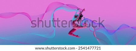 Creative design. Dynamic image of young flexible woman, ballerina performing with passion and dynamics on gradient blue pink background with abstract elements. Concept of art of dance, choreography