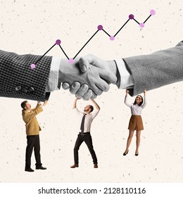 Creative design. Employees celebrating successful project. Giant hands shaking, profitable deal. Financial graph going up. Concept of business, career development, promotion, cooperation - Shutterstock ID 2128110116