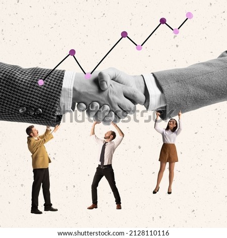 Creative design. Employees celebrating successful project. Giant hands shaking, profitable deal. Financial graph going up. Concept of business, career development, promotion, cooperation